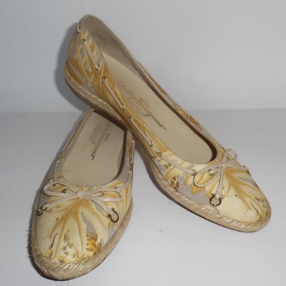 Salvatore Ferragamo Gancini Printed Leaves Canvas Cheetah Flats Shoes Espadrille